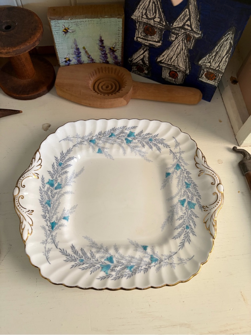 Minton White & Teal Floral Square Cake Serving Plate
